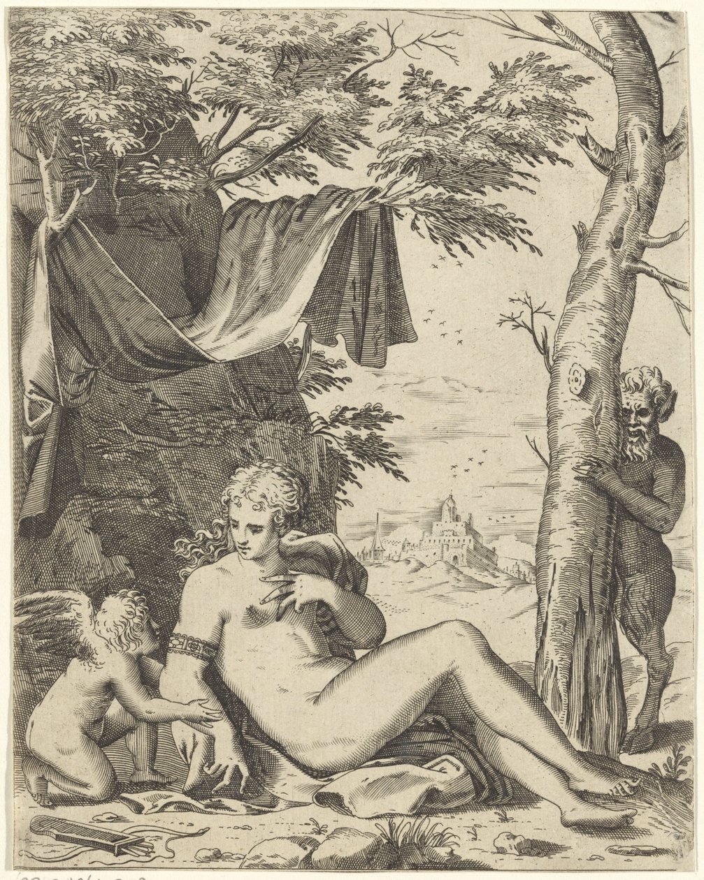 Venus, kjærlighet i sater av Agostino Carracci (attributed to)