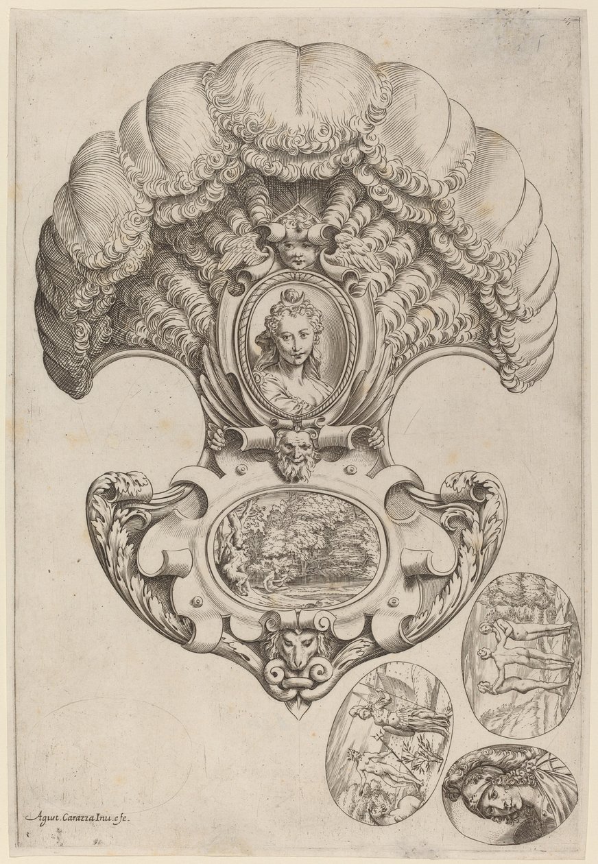 Et hodeplagg i form av en vifte av Agostino Carracci