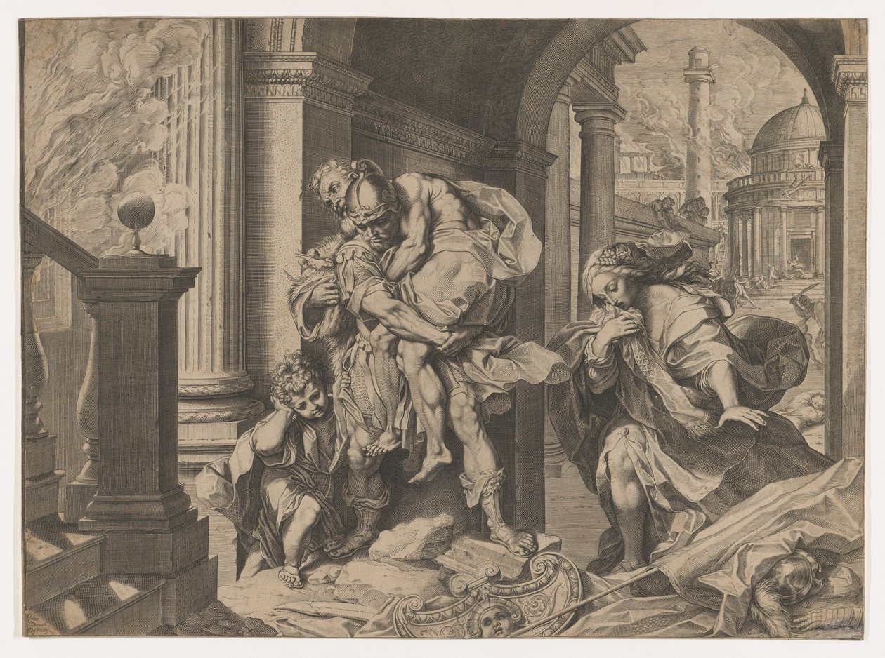 Aeneas og familien hans på flukt fra Troja, 1595. av Agostino Carracci