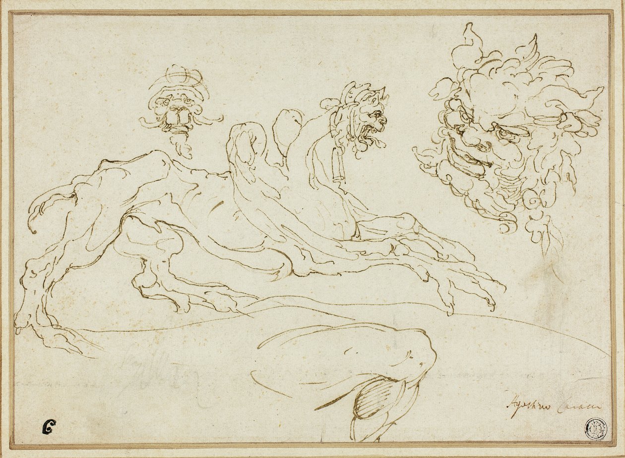 Fire skisser: Griffin, Grotesk Head, Head of Satyr, Bent Leg av Agostino Carracci