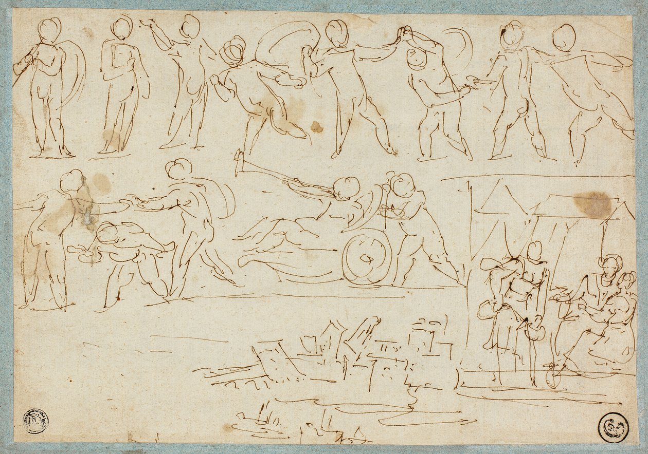 Frise av Putti, Skisse av Lot og hans døtre, Skisse av bygninger av Agostino Carracci
