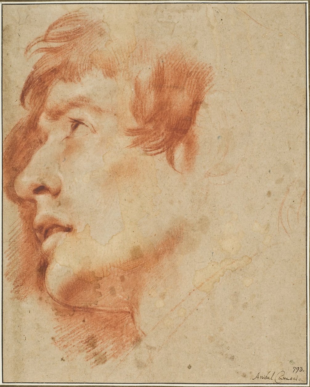 Hode av en ung mann som ser opp av Agostino Carracci