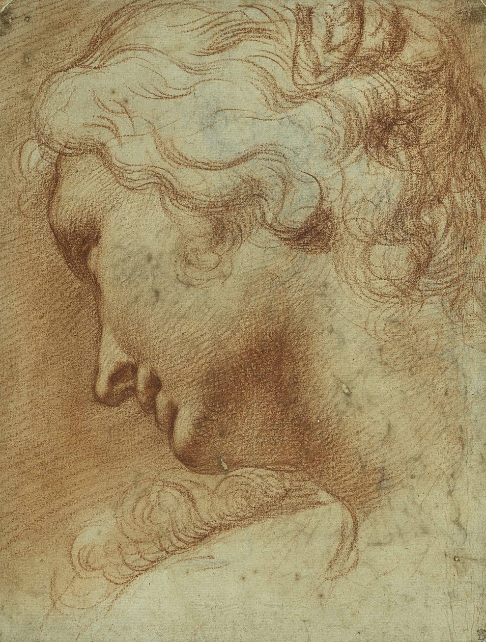 Hodet til en ung kvinne som ser ned over høyre skulder (rødt kritt på papir) av Agostino Carracci