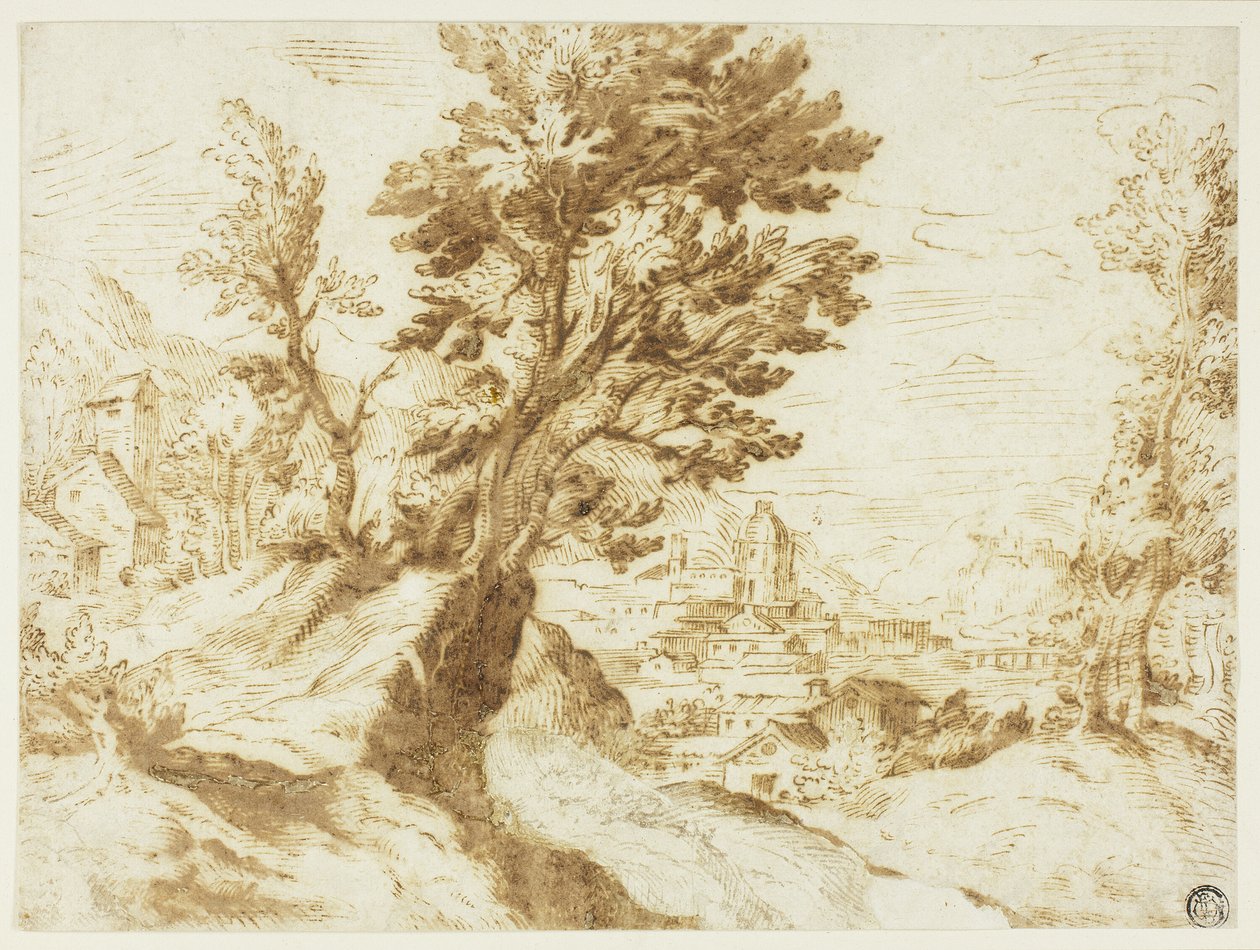 Kupert landskap med by i avstand av Agostino Carracci