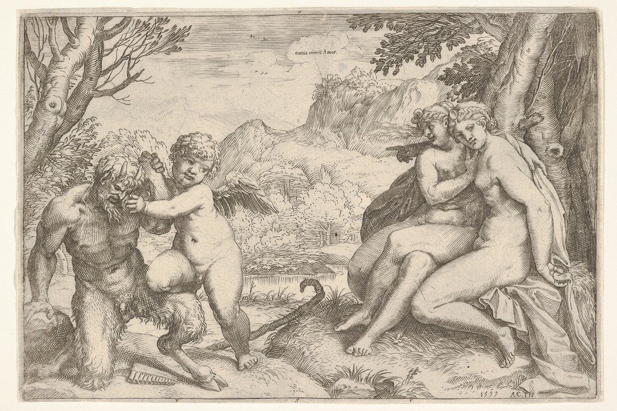 Love Conquers All Omnia vincit Amor, i en kamp med en satyr plasserer Amor sin høyre kn..., 1599. av Agostino Carracci