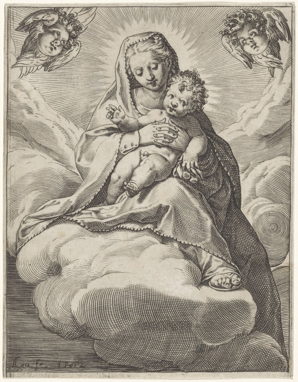 Mary med barn i skyene av Agostino Carracci