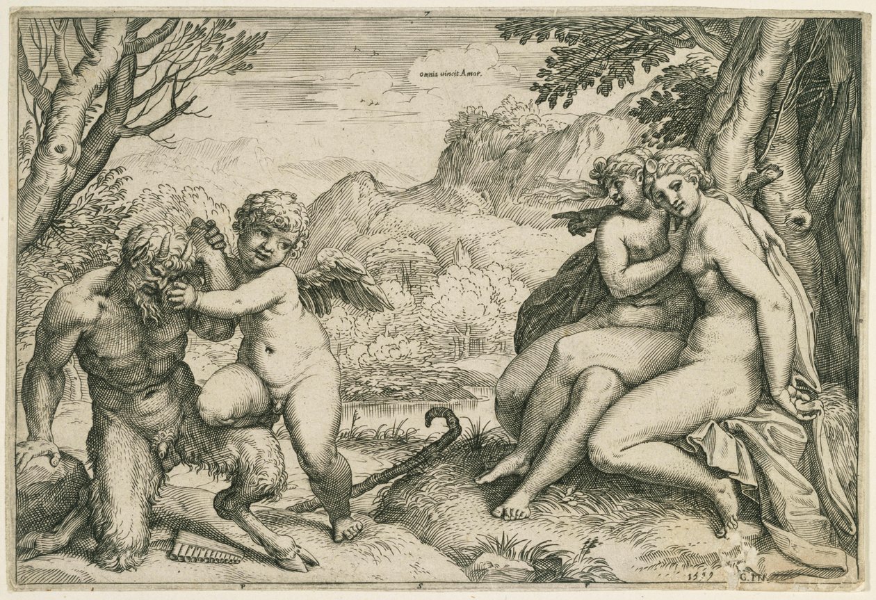 Omnia vincit Amor (Kjærligheten overvinner Pan, til høyre to nymfer under et tre, i et landskap) av Agostino Carracci