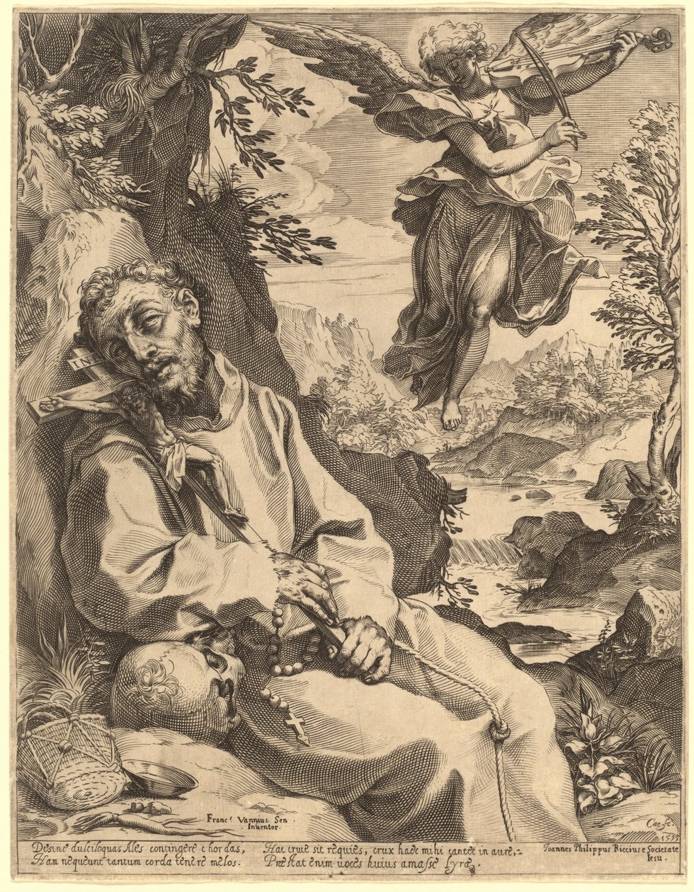 Den hellige Frans trøstet av den musiserende engelen av Agostino Carracci