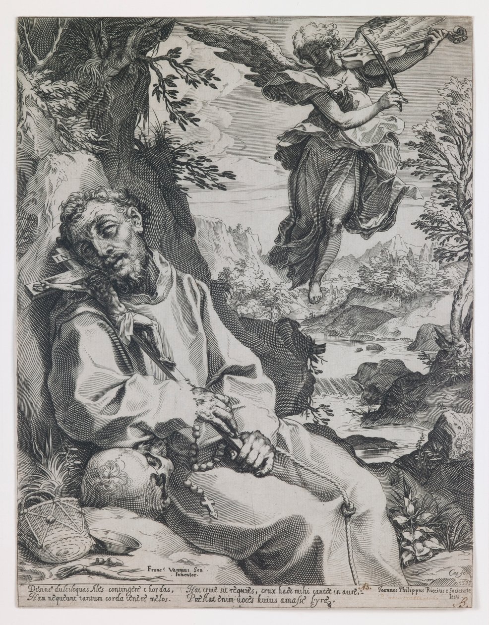 Den hellige Frans trøstet av den musiserende engelen av Agostino Carracci