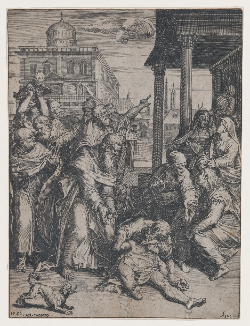 Saint Paul oppdrar Patroclus som er på bakken, omgitt av en gruppe tilskuere, ..., 1583. av Agostino Carracci