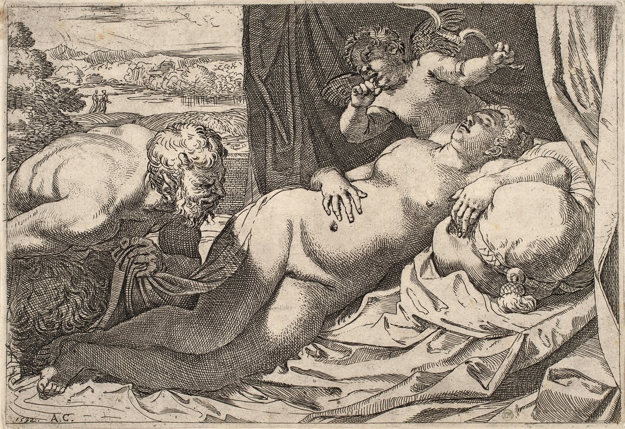Satyr og nymfe av Agostino Carracci