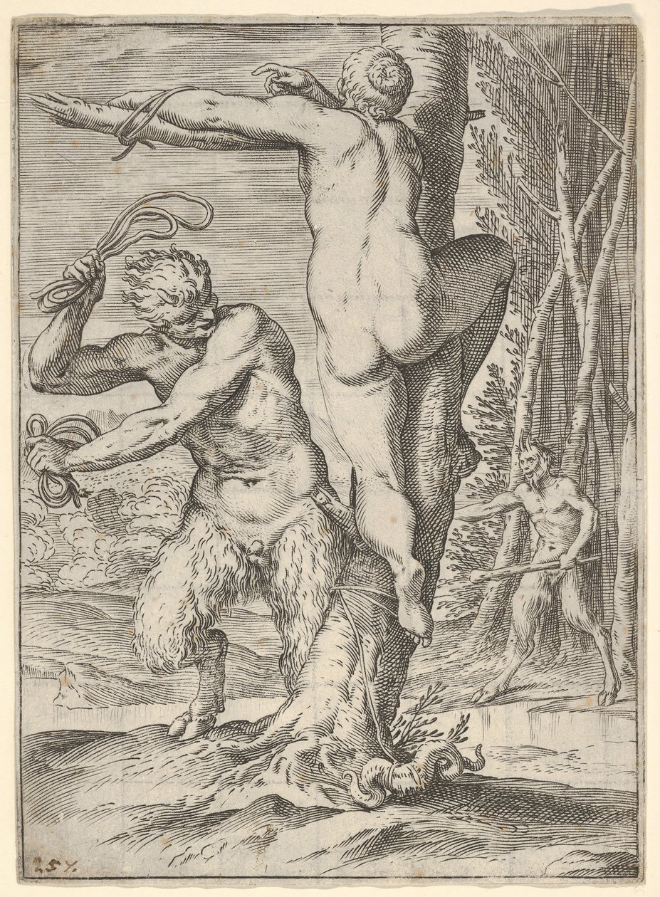 Satyr som pisker en nymfe, som vises bakfra og bundet til et tre, en andre saty..., ca. 1590-95. av Agostino Carracci