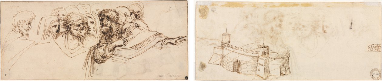 Studie av hoder (recto); Krenelert festning (verso) av Agostino Carracci