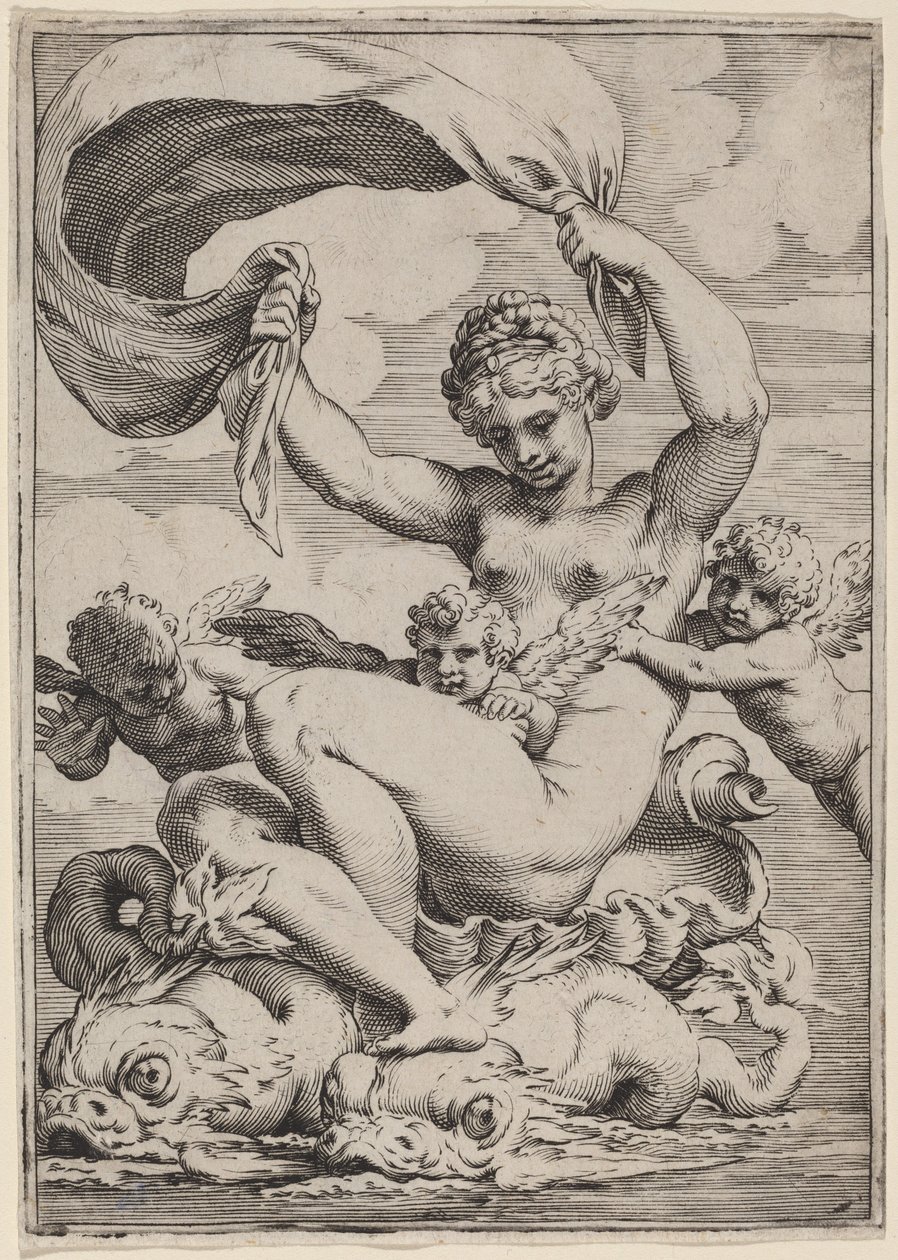 Venus eller Galatea støttet av delfiner av Agostino Carracci