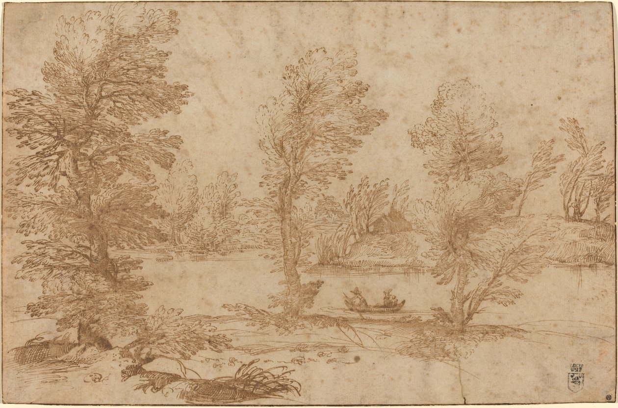 Woodland River med en båt av Agostino Carracci