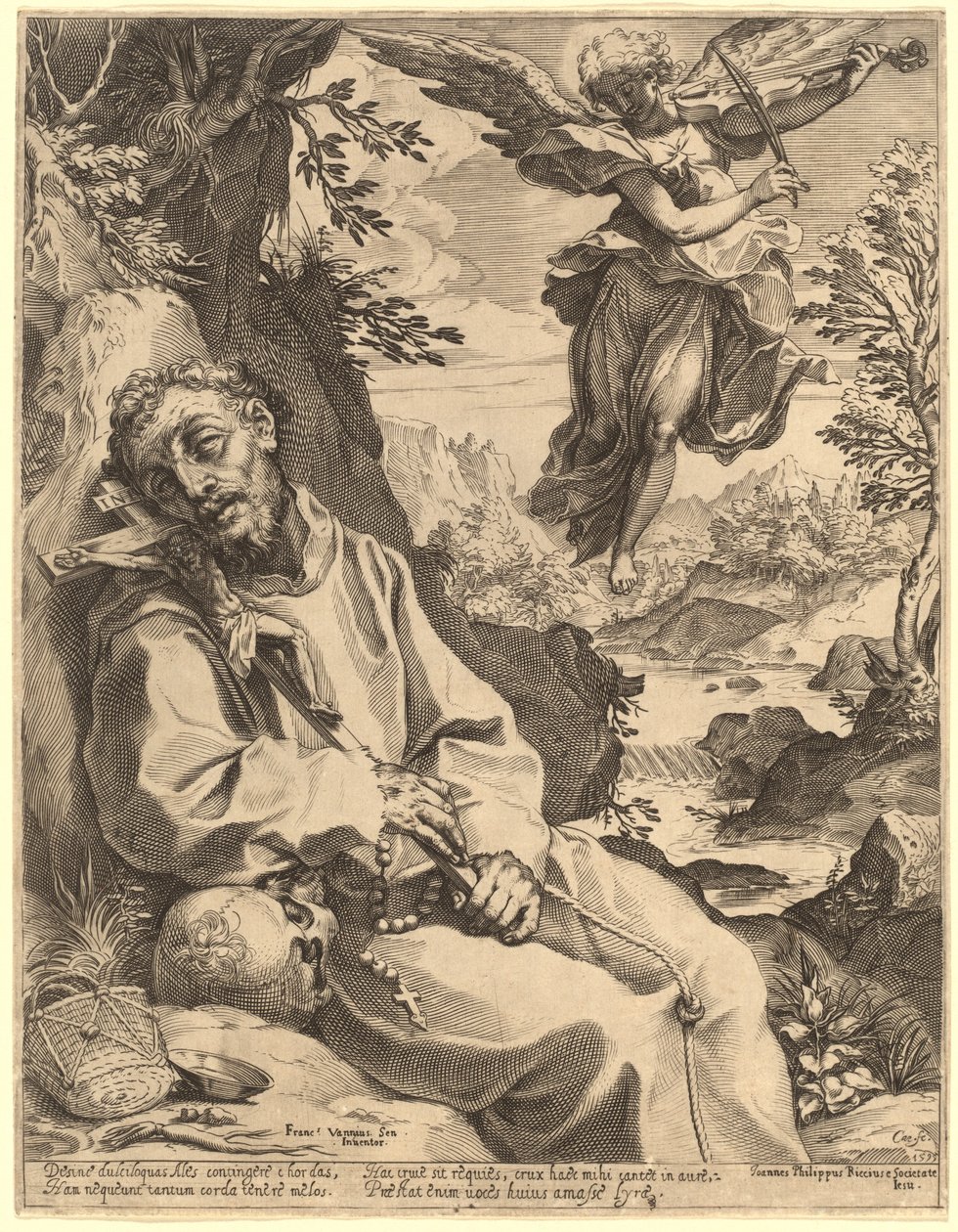 Saint Francis trøstet av den musikalske engelen av Agostino Carracci after Francesco Vanni