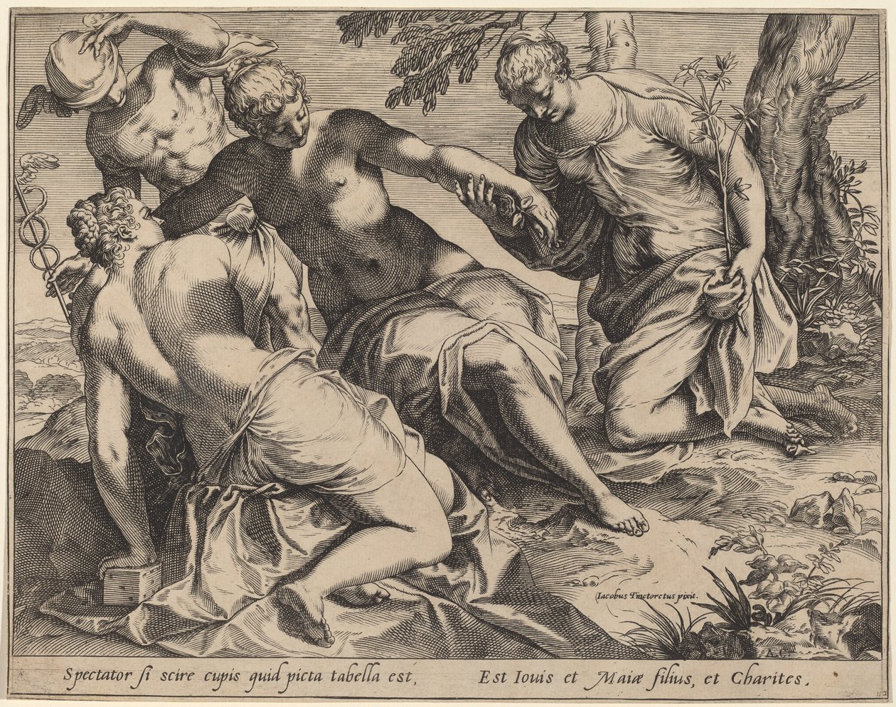 Merkur og de tre nåder av Agostino Carracci after Jacopo Tintoretto