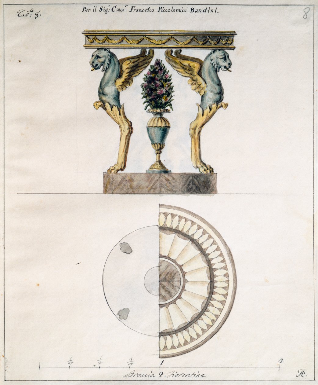Salongbord designet av Agostino Fantastici (1782-1845) for Francesco Piccolomini Bandini, tegning, Italia av Agostino Fantastici