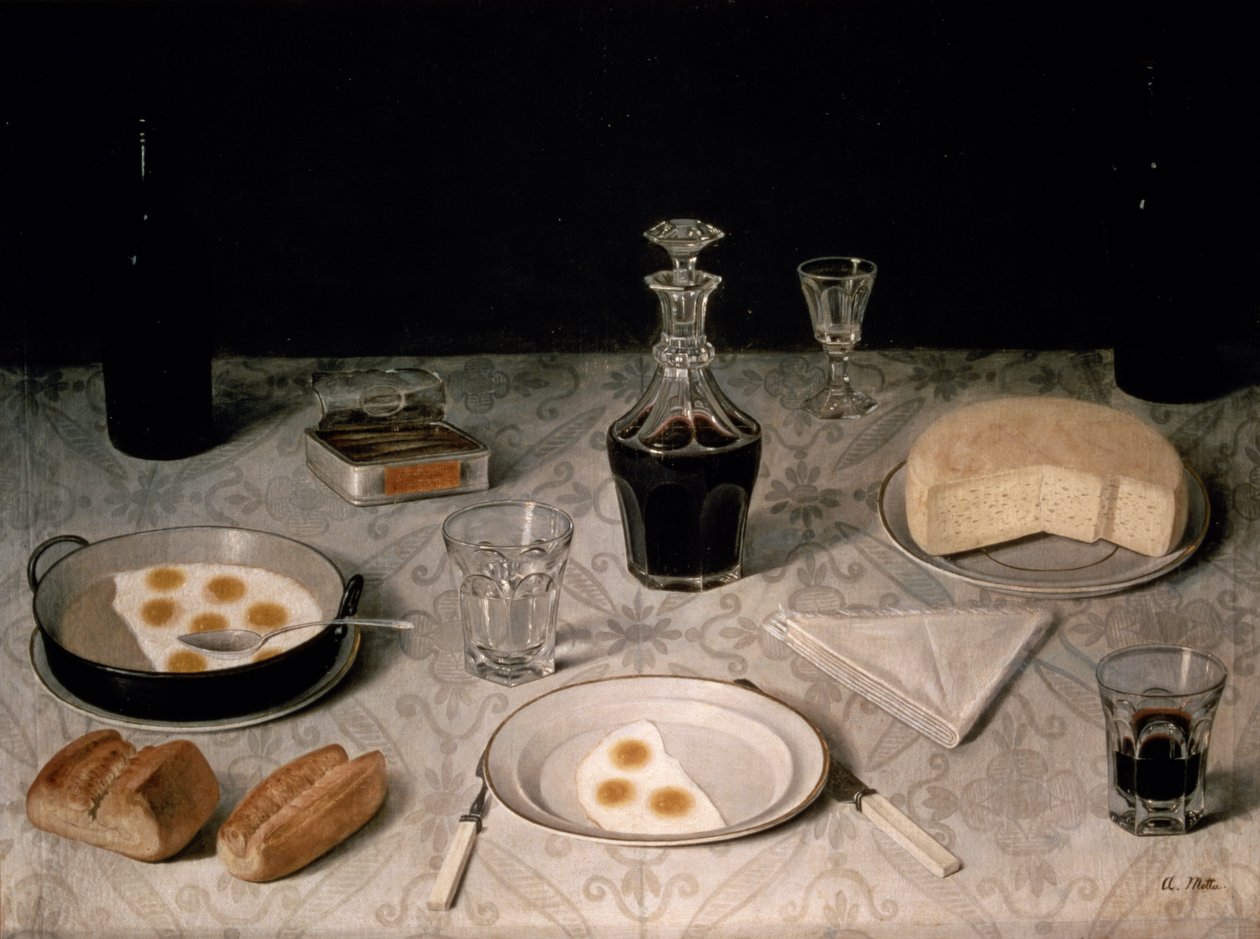 Stilleben med egg, brød, ost og vin (olje på lerret) av Agostino Jose da Mota