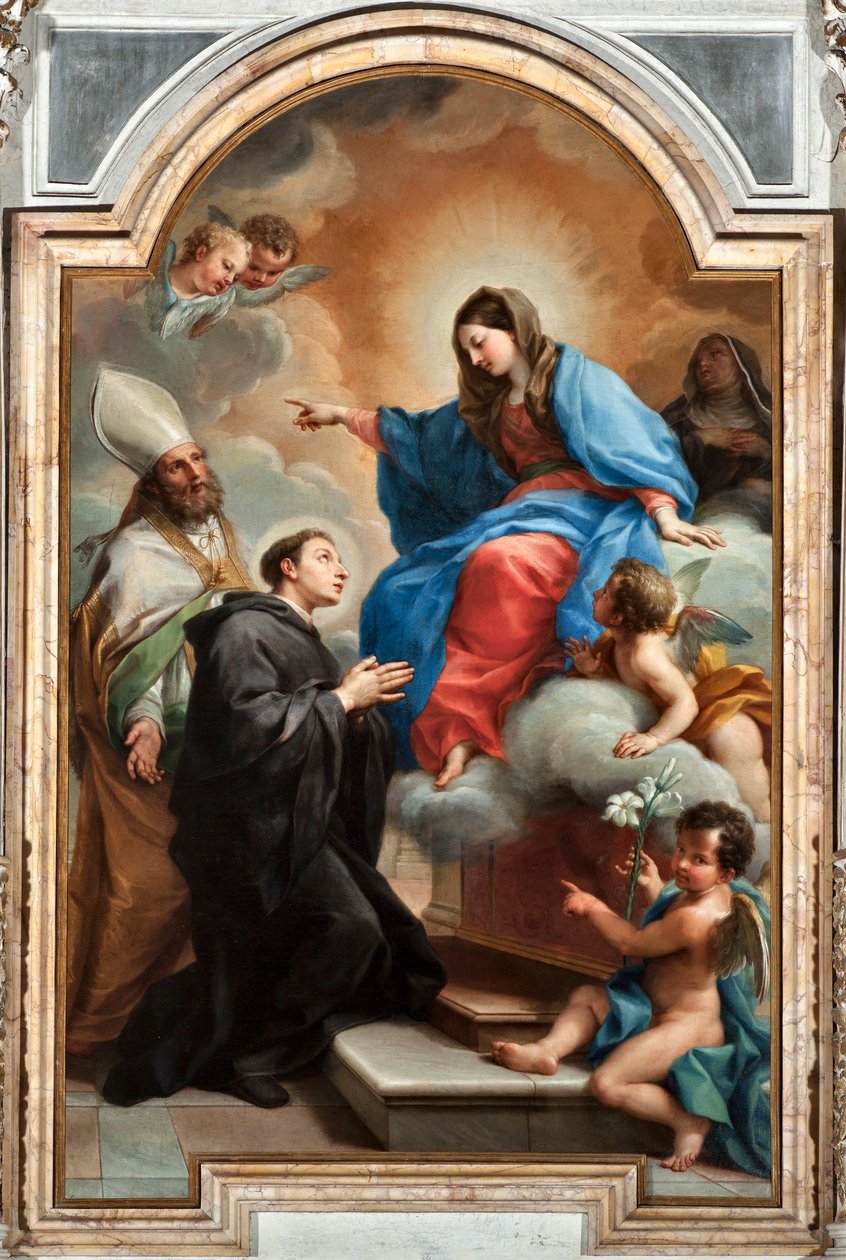 Jomfruen med Saint Nicholas of Tolentino (olje på lerret av Agostino Masucci