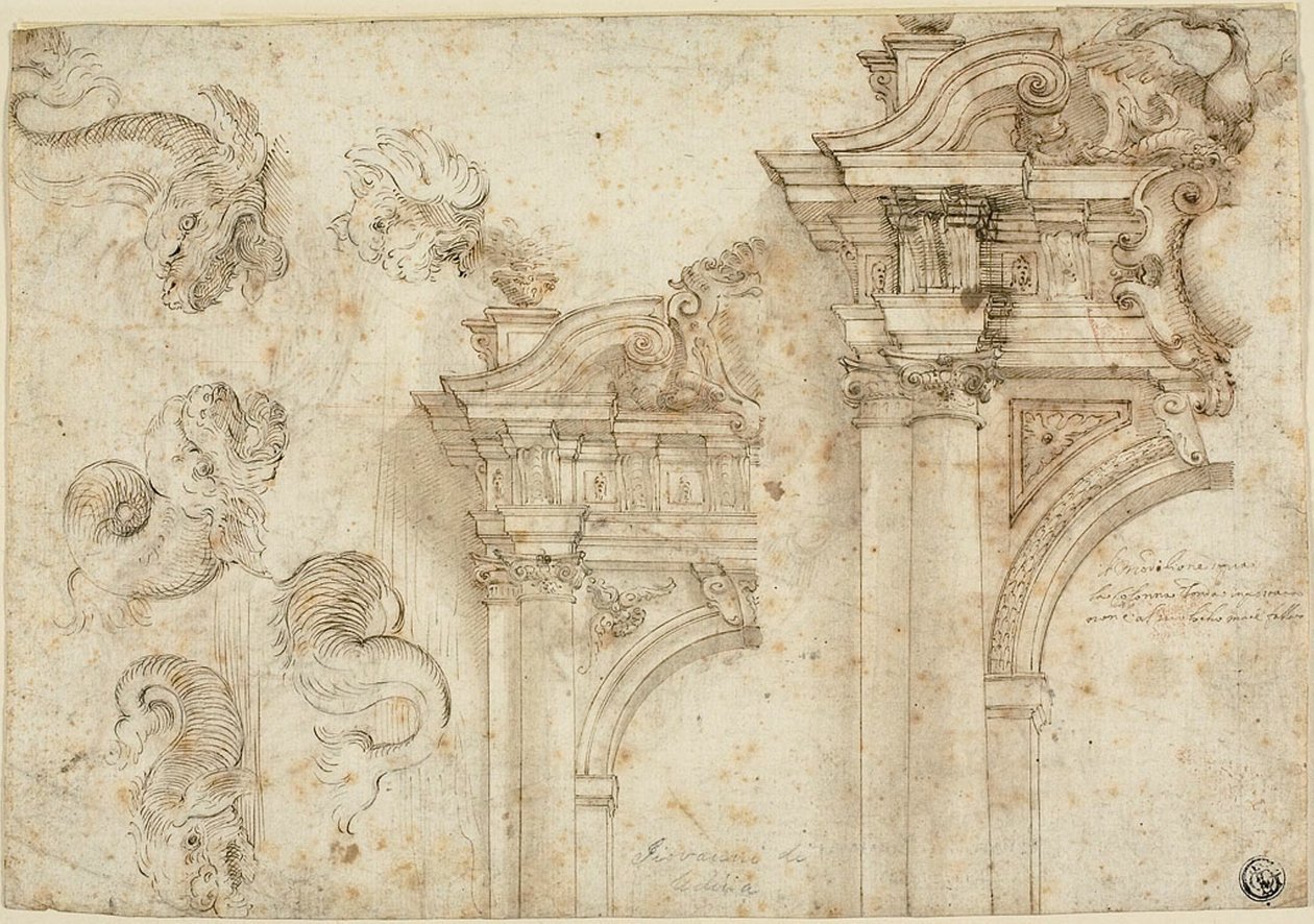 Ark med skisser: Sjømonstre og forseggjorte portaler (recto); Skisser av arkitektoniske detaljer (verso) av Agostino Mitelli