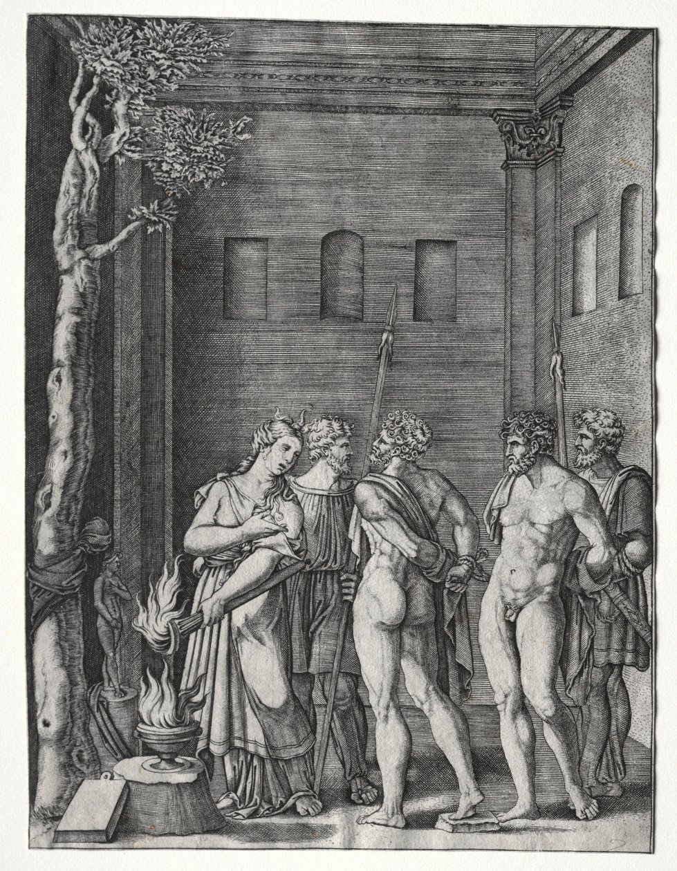 Orestes og Pylades brakt til Iphigenia for ofring, 15141536. av Agostino Musi