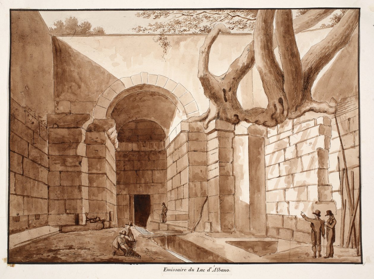 Emissarium of Lake Albano, 1833 (etsing med brun vask) av Agostino Tofanelli