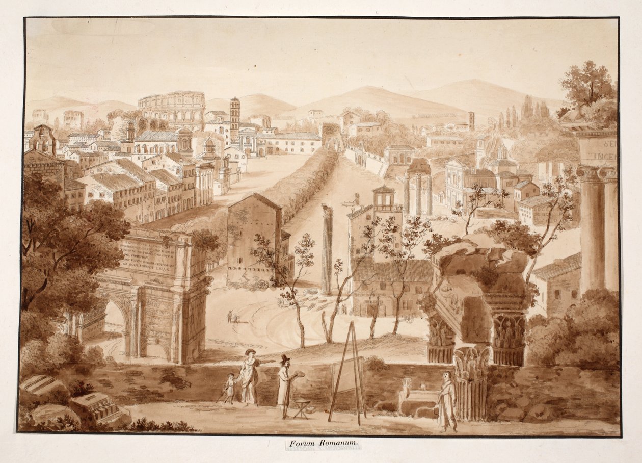 Forum Romanum, 1833 (etsing med brun vask) av Agostino Tofanelli