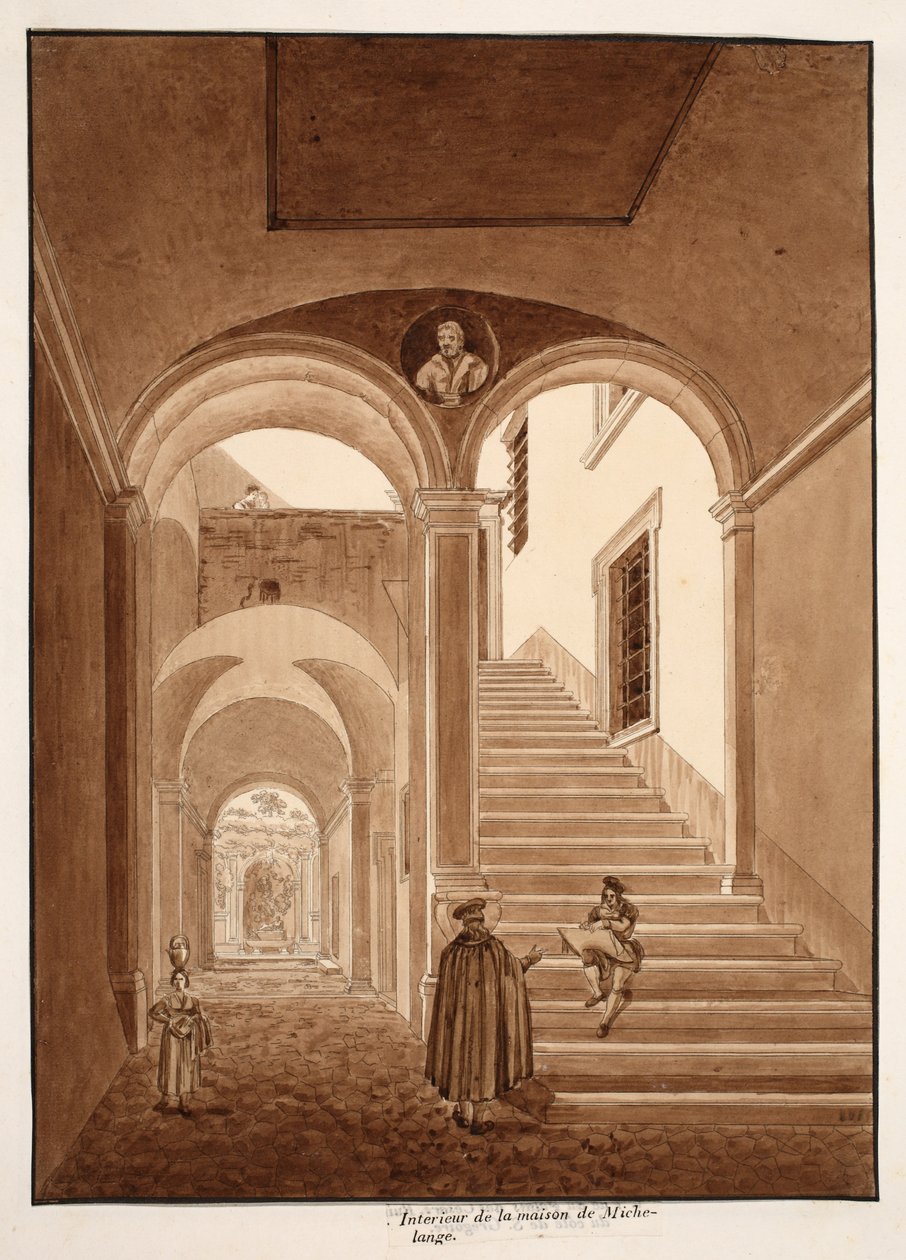 Interiør i Michelangelos hus, 1833 (etsing med brun vask) av Agostino Tofanelli