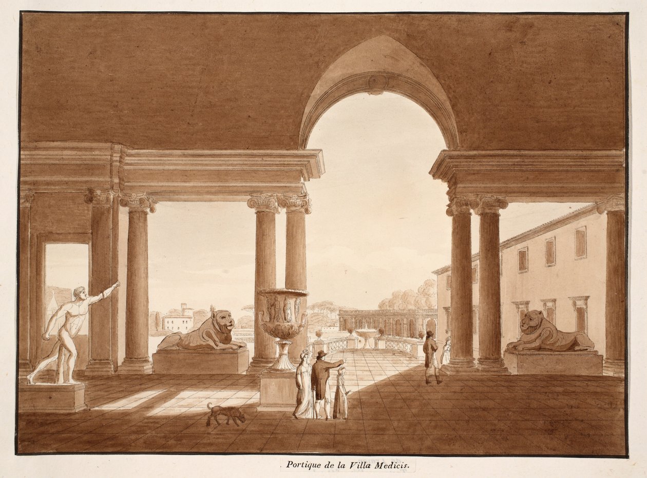 Portico of the Villa Medici, 1833 (etsing med brun vask) av Agostino Tofanelli