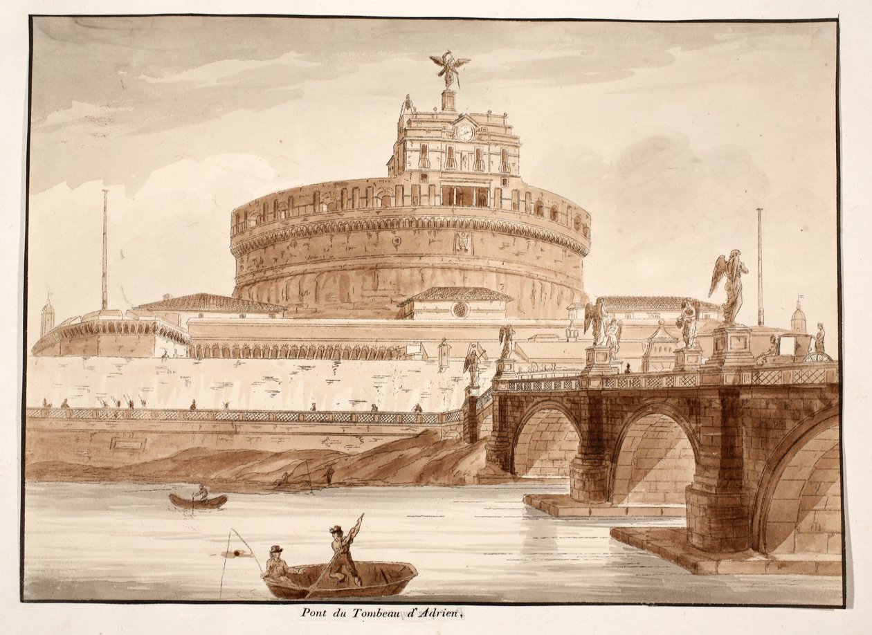 The Bridge of Hadrians Tomb, 1833 (etsing med brun vask) av Agostino Tofanelli