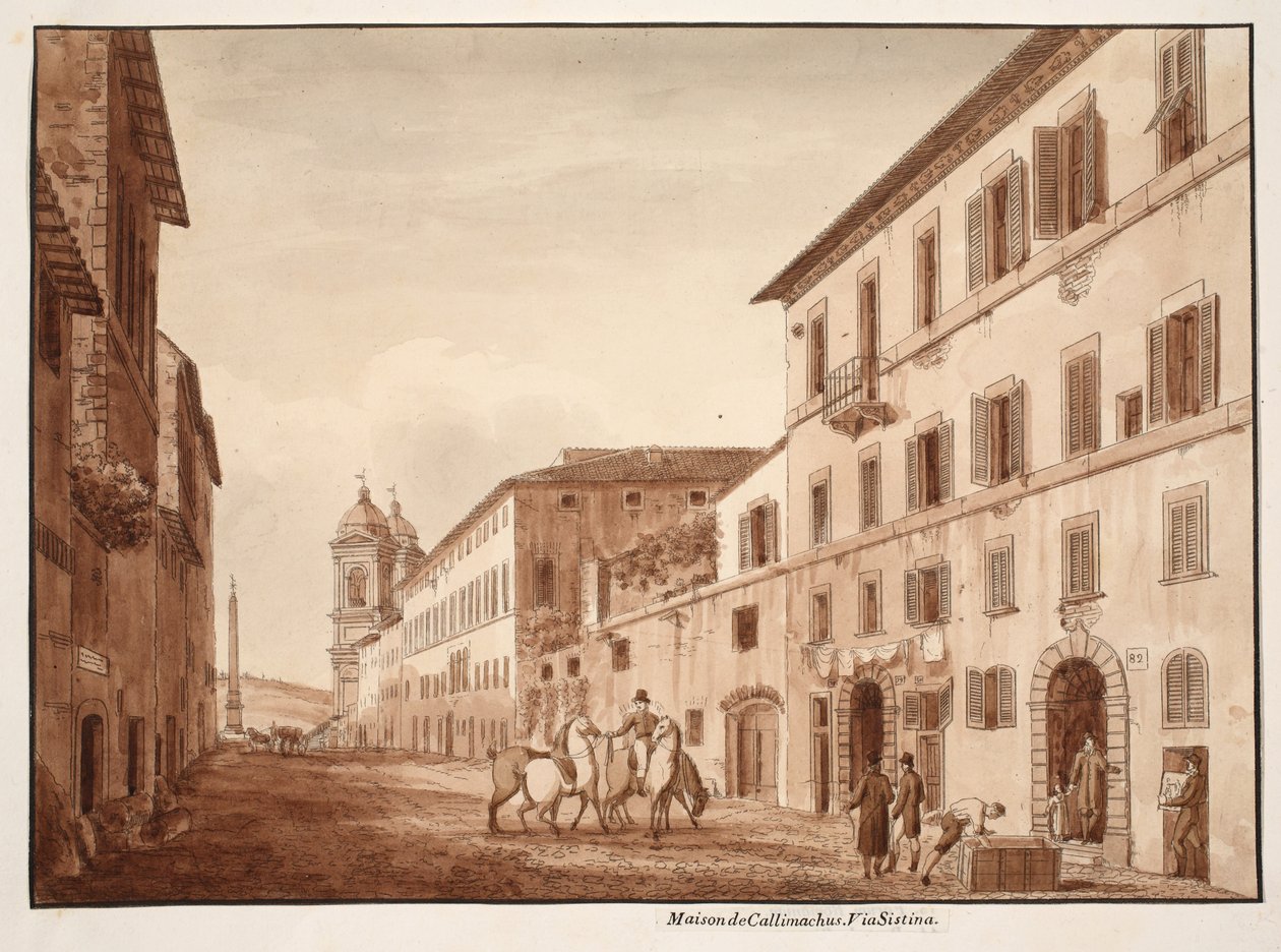The House of Callimachus, Via Sistina, 1833 (etsing med brun vask) av Agostino Tofanelli