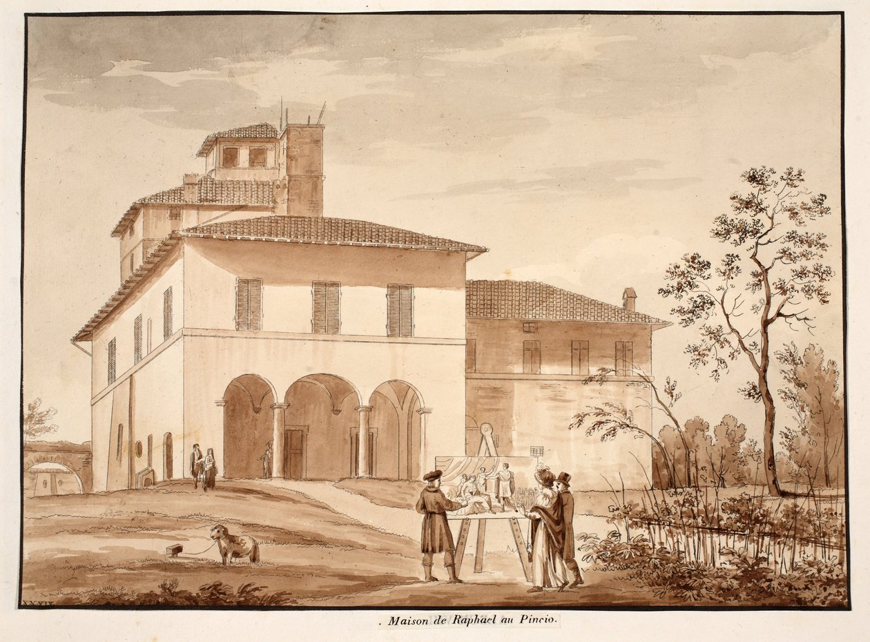 The House of Raphael on the Pincio, 1833 (etsing med brun vask) av Agostino Tofanelli