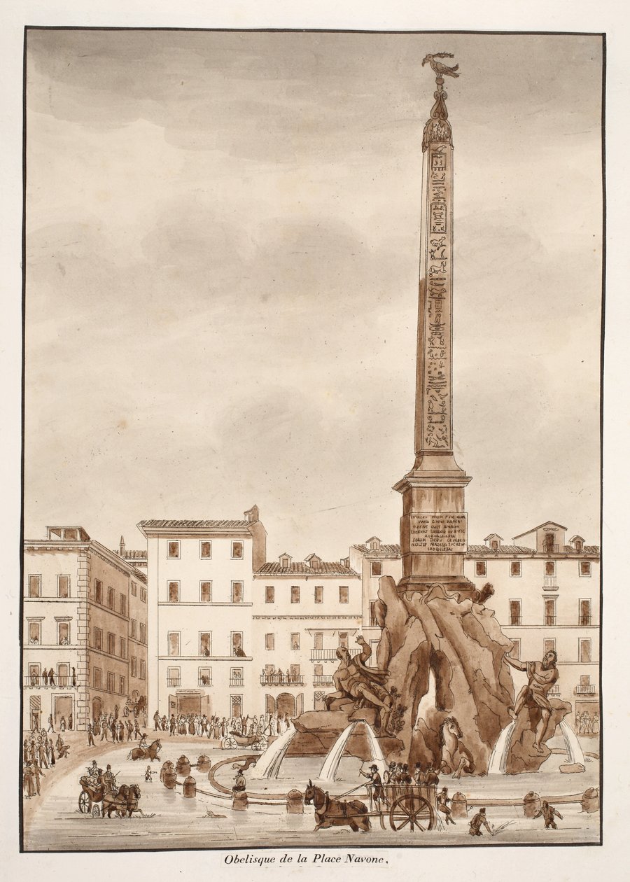 Piazza Navona Obelisk, 1833 (etsing med brun vask) av Agostino Tofanelli