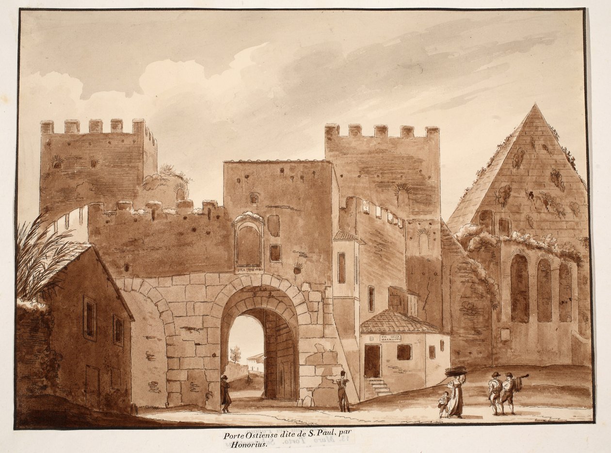 Porta Ostiensis eller San Paolo, bygget av Honorius, 1833 (etsing med brun vask) av Agostino Tofanelli