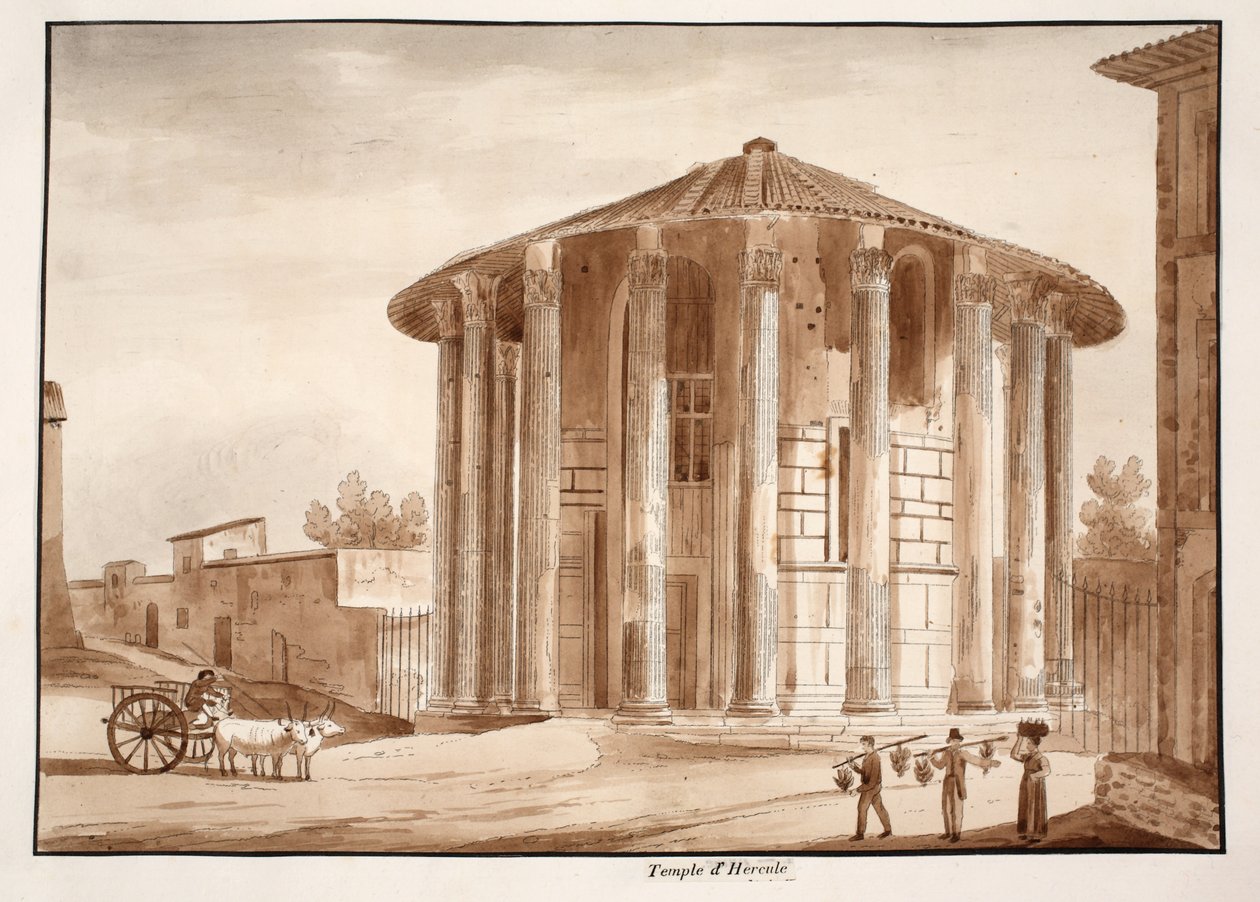 Temple of Hercules Victor, 1833 (etsing med brun vask) av Agostino Tofanelli