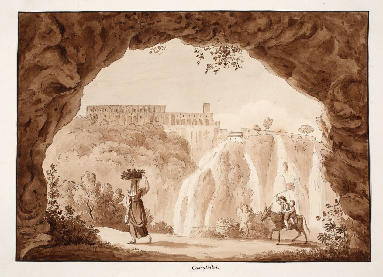 Fossene ved Tivoli, 1833 (etsing med brun vask) av Agostino Tofanelli