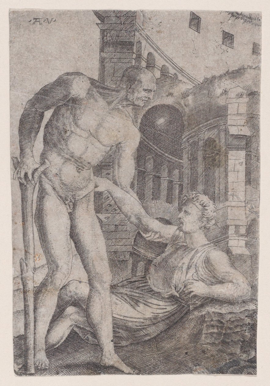 En mann som hjelper en annen på beina, ca. 1514-36. av Agostino Veneziano