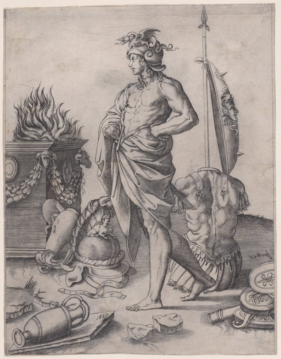 En ung helt nær et alter, ca. 1514-36. av Agostino Veneziano