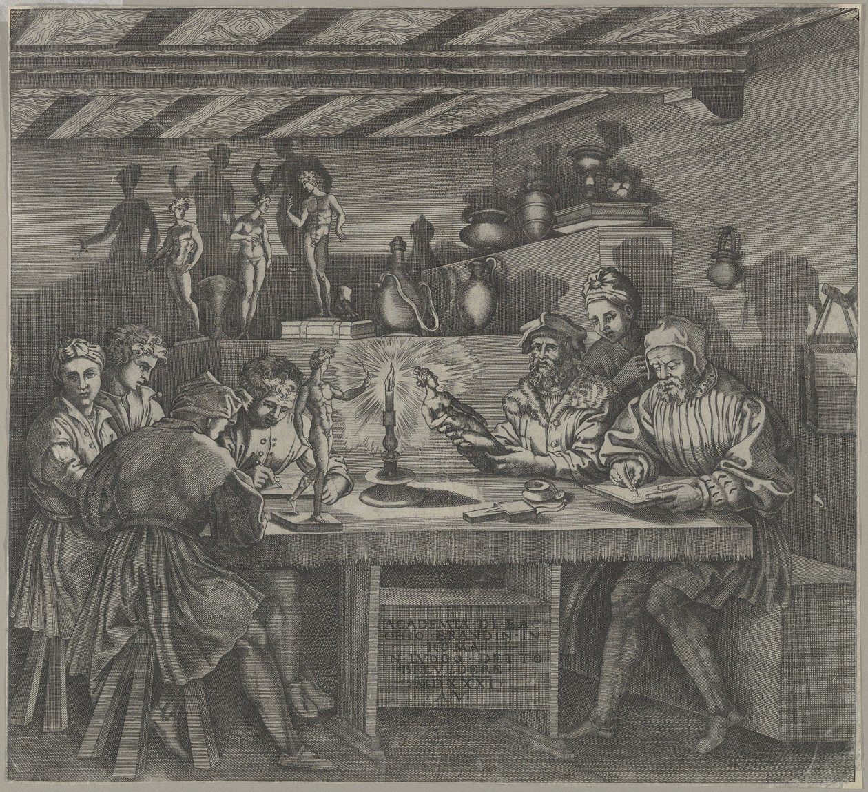 Baccio Bandinelli i studioet hans holder en statuett av Venus, studenter som skisserer fra en måned, 1531. av Agostino Veneziano