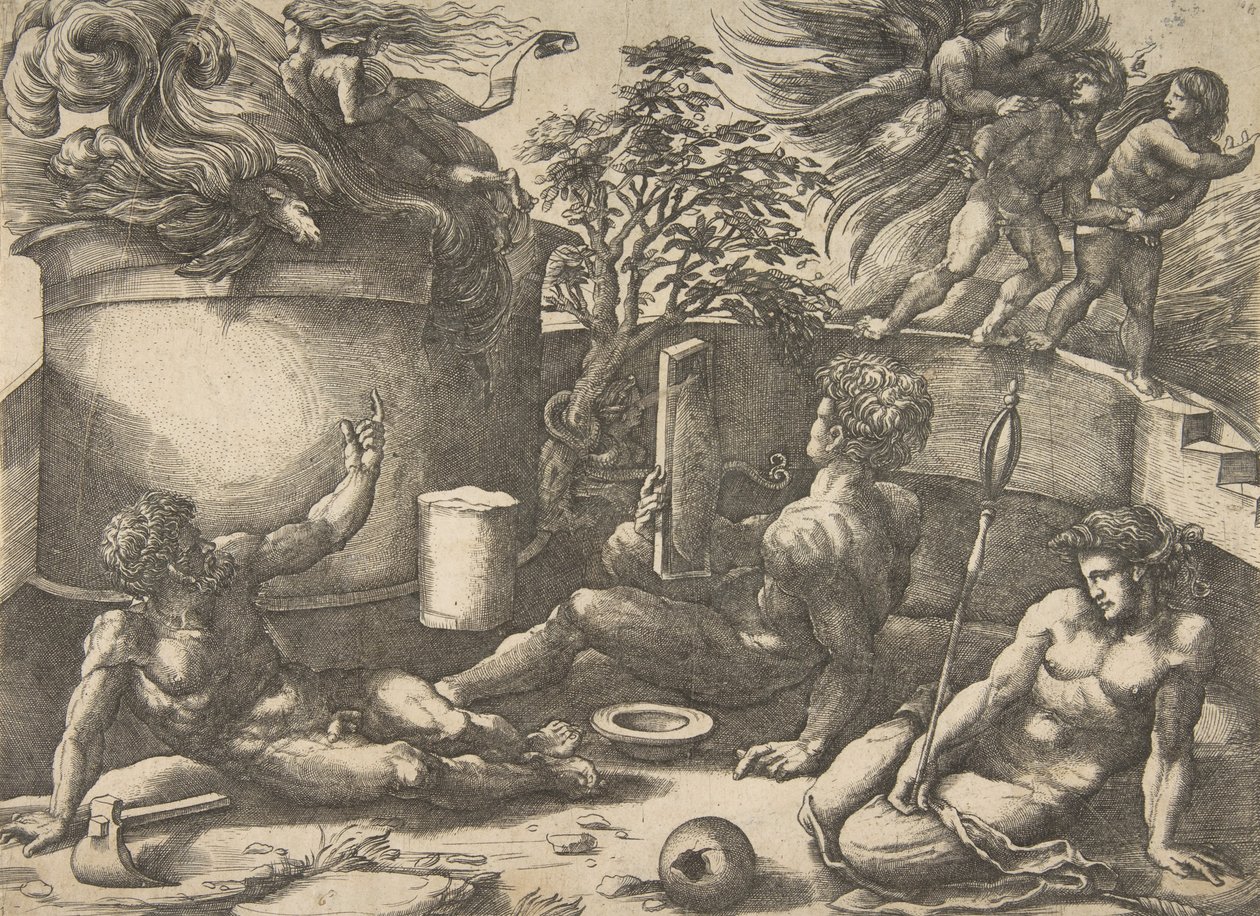 Kain holder et speil og ser på offeret sitt oppslukt av flammer, Adam og Eva sitter..., ca. 1530-50. av Agostino Veneziano