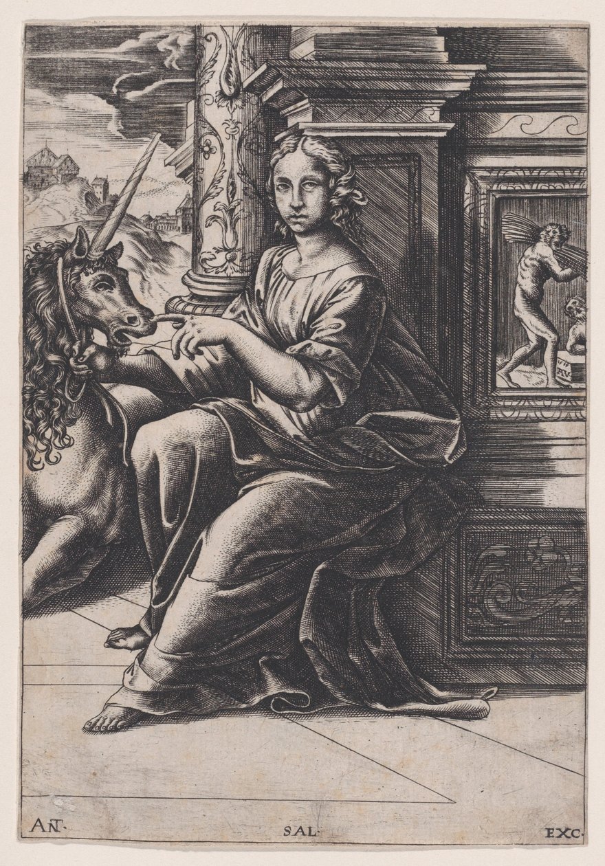 Kyskhet, en kvinne sittende, en enhjørning til høyre for henne, ca. 1515-30. av Agostino Veneziano