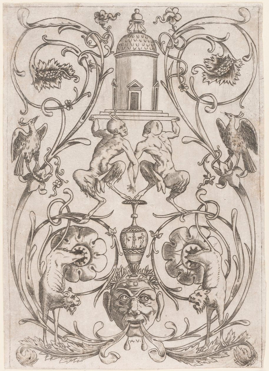 Grotesk Ornament with Satyrs, fra et sett med tjue ornamentpaneler av Agostino Veneziano