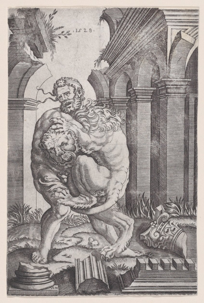 Hercules Strangling the Nemean Lion, datert 1528. av Agostino Veneziano