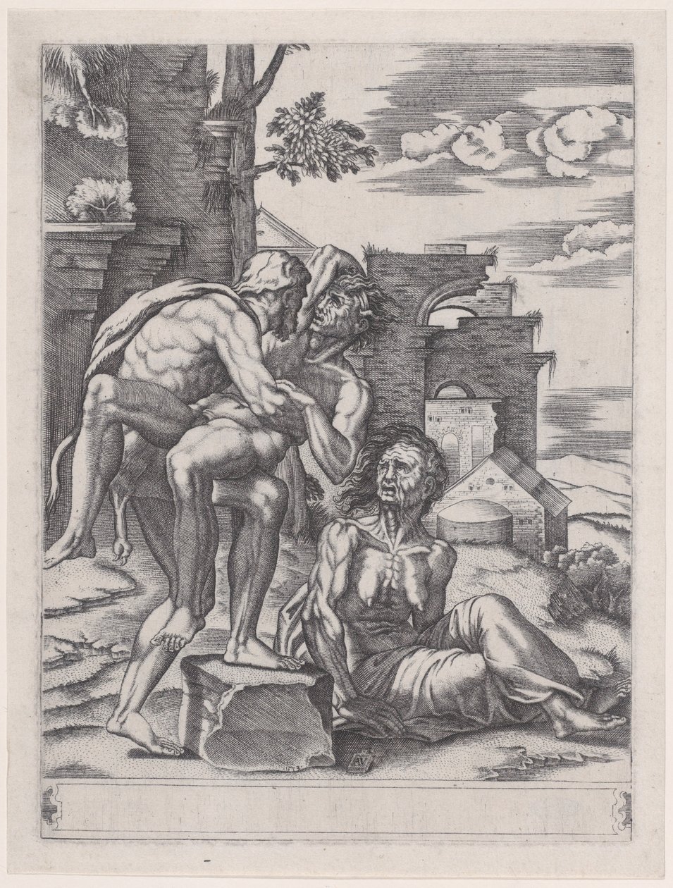 Hercules og Antaeus, datert 1533., datert 1533. av Agostino Veneziano