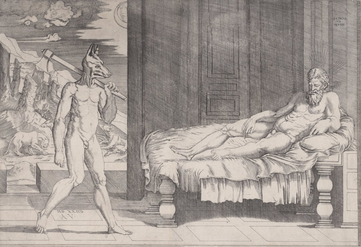 Lycaon forvandlet til en ulv, datert 1524. av Agostino Veneziano