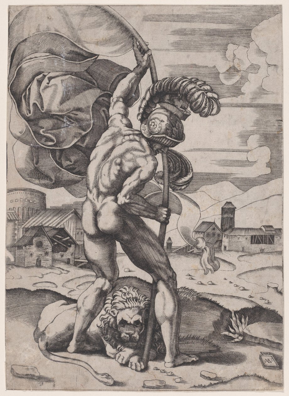 Mann med flagg, ca. 1514-36. av Agostino Veneziano