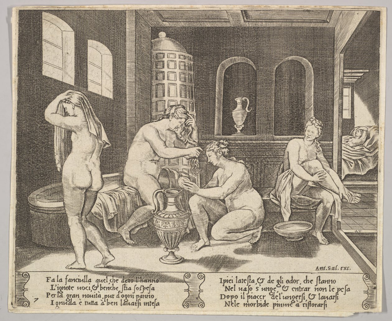 Plate 7: Psyche deltatt i badet hennes av nymfer, i bakgrunnen til høyre Psyche repr..., ca. 1520-36. av Agostino Veneziano