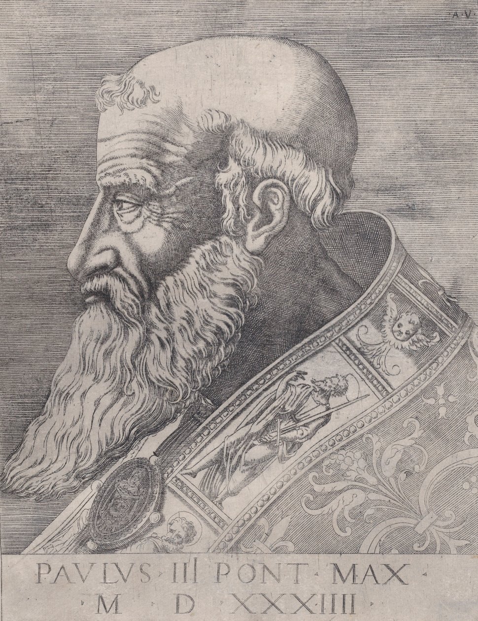 Pave Paul III, barhodet, datert 1534. av Agostino Veneziano