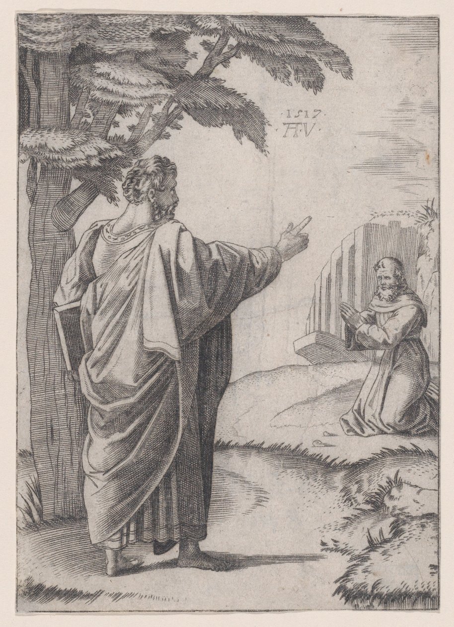 Saint Paul and the Franciscan Friar, datert 1517. av Agostino Veneziano
